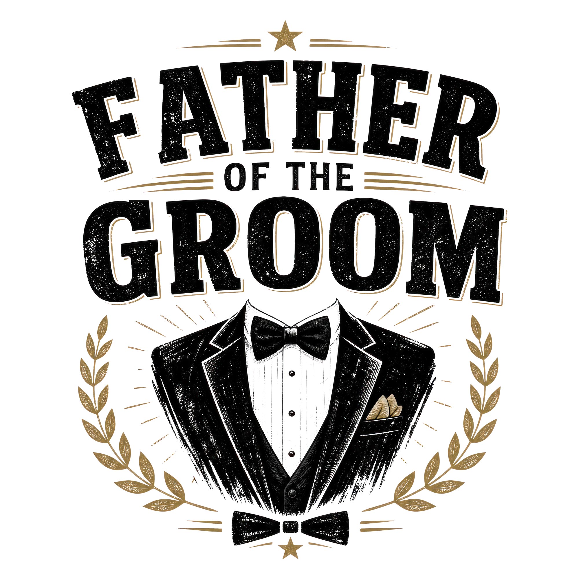 White t-shirt with "Father of the Groom" text and a tuxedo graphic.