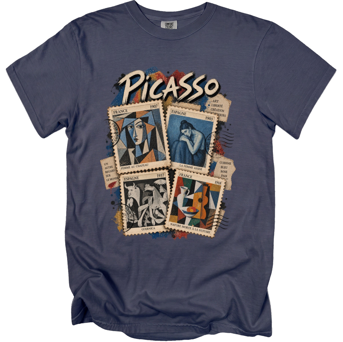 T-shirt with Picasso art featuring four postage stamps of his works.