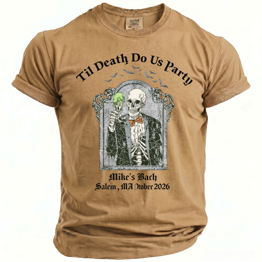 Brown t-shirt with a skeleton holding a glowing drink and text "Til Death Do Us Party".
