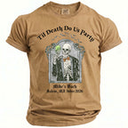 Brown t-shirt with a skeleton holding a glowing drink and text "Til Death Do Us Party".