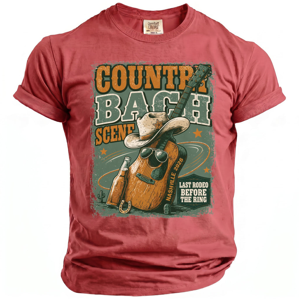 Country Bach Scene graphic t-shirt with guitar, cowboy hat, bottle, and text.