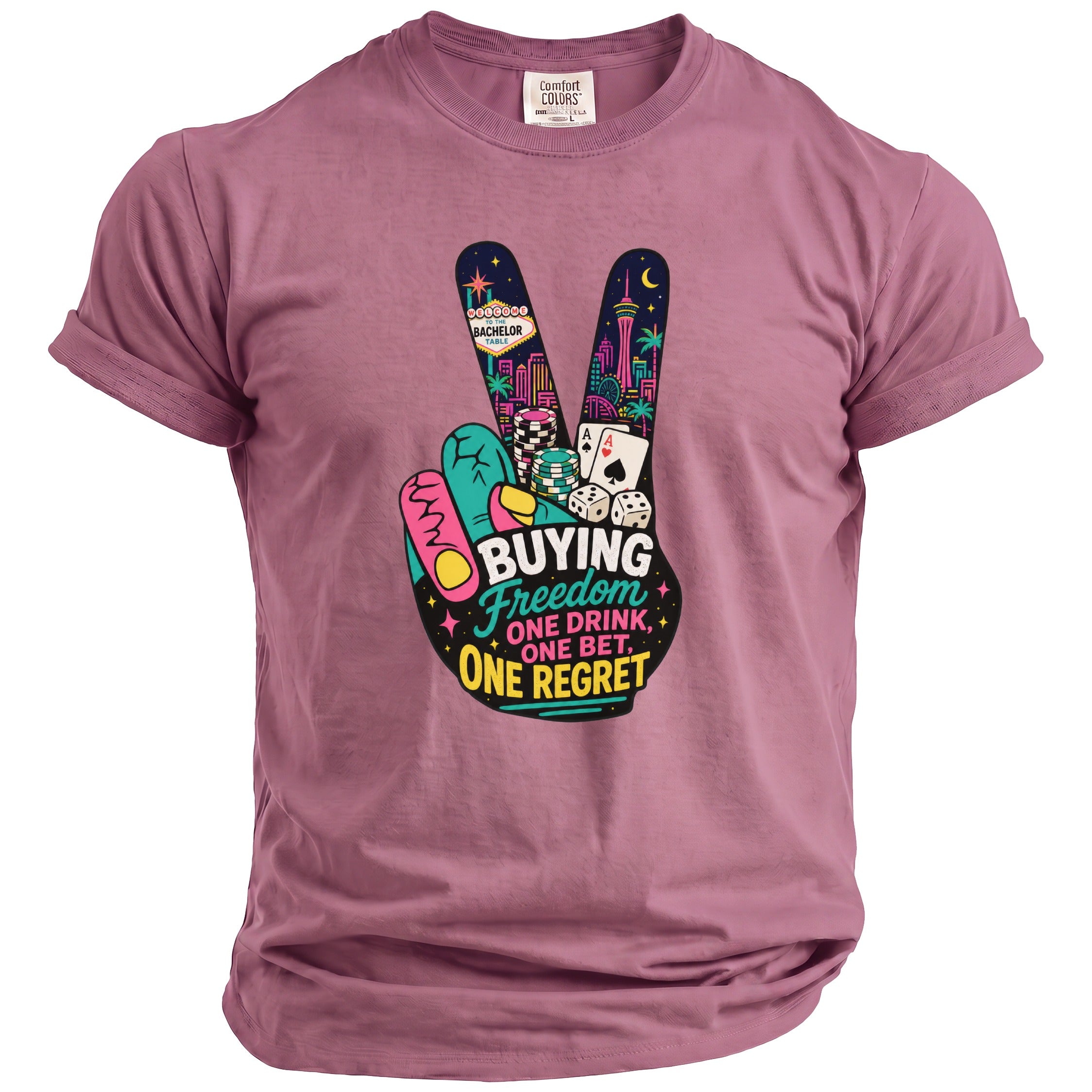 Pink t-shirt with peace sign graphic of Vegas landmarks, cards, chips, and dice.