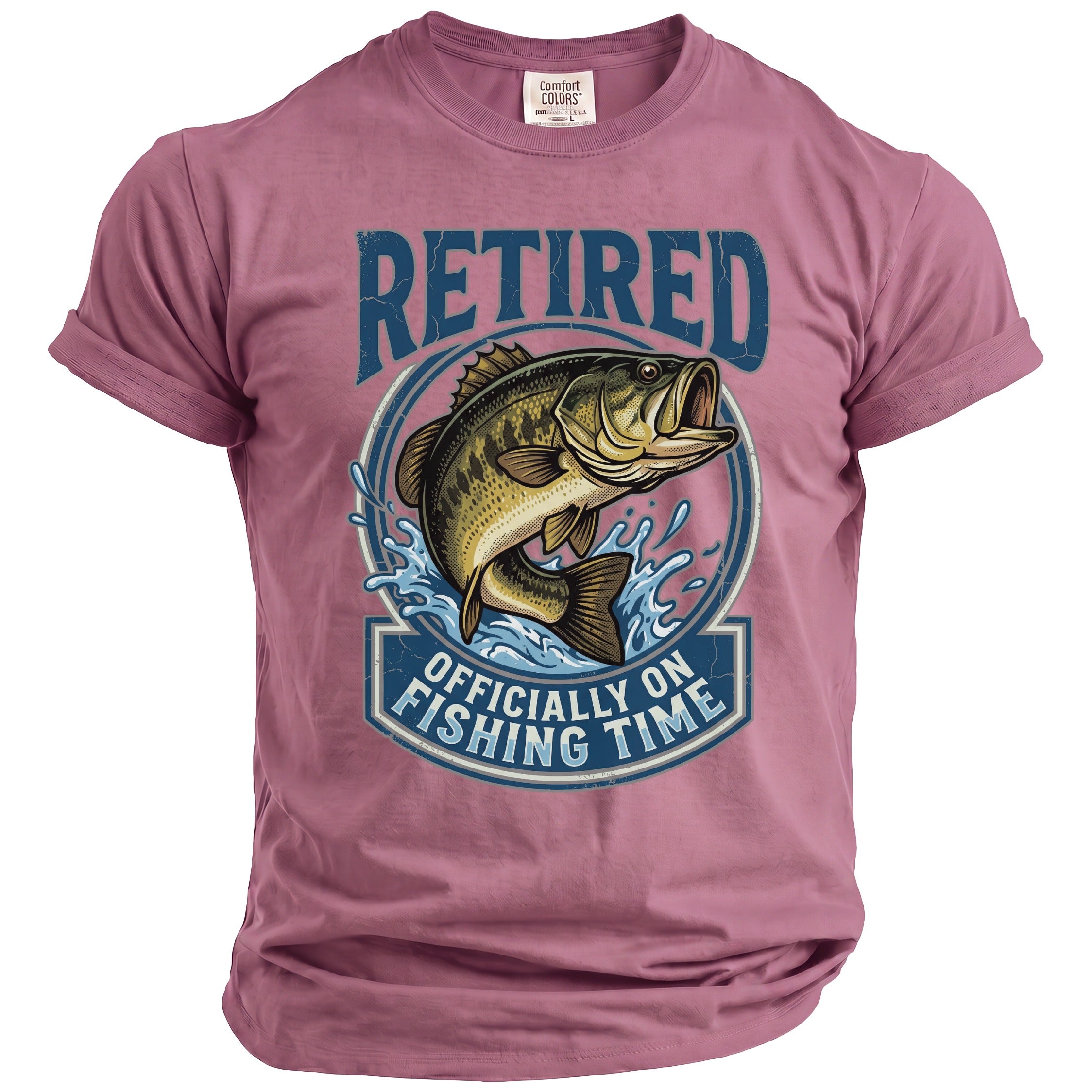 T-shirt with bass jumping from water, text "RETIRED" and "OFFICIALLY ON FISHING TIME".