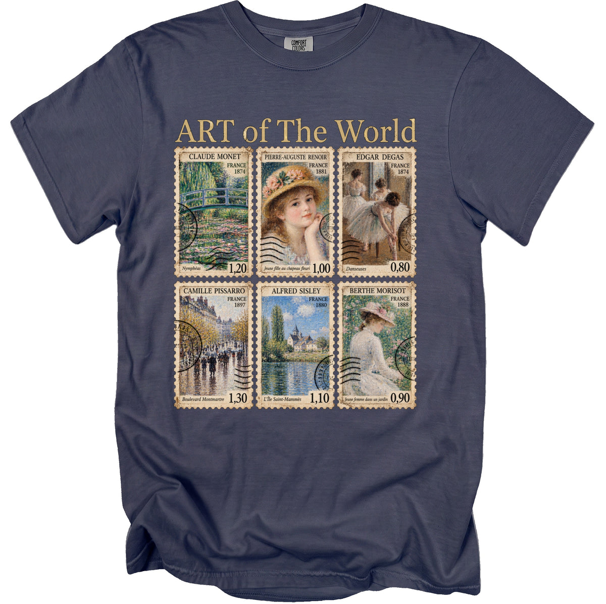 T-shirt with six postage stamps featuring French Impressionist paintings.