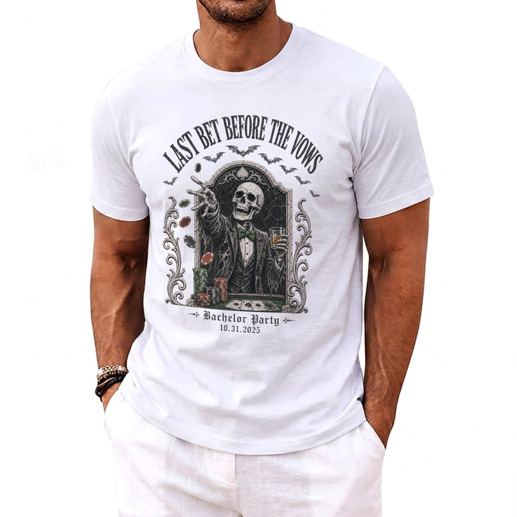 White t-shirt with skeleton graphic and text "Last Bet Before the Vows" and "Bachelor Party 10.31.2025".