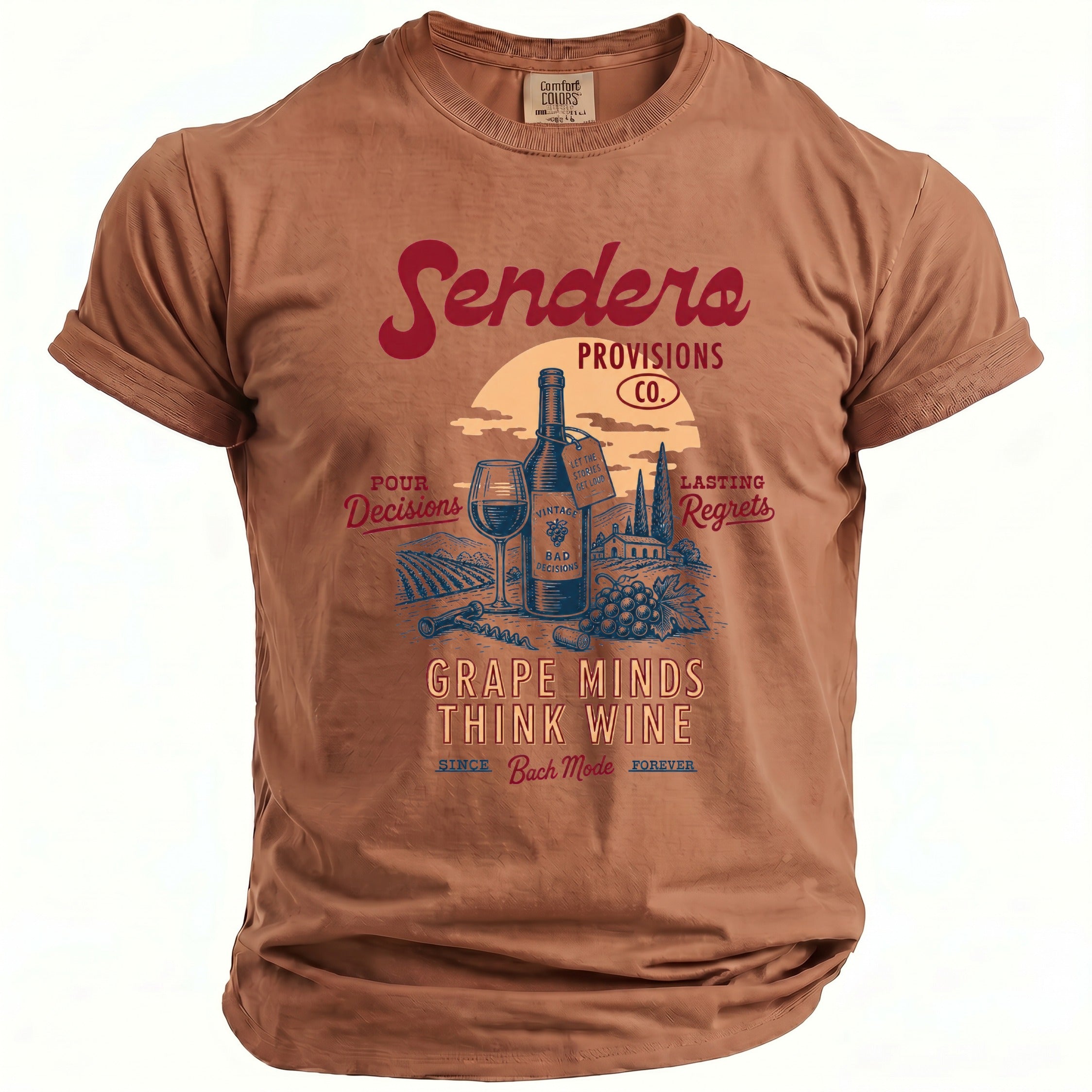 Brown t-shirt with a graphic of a wine bottle, glass, grapes, and vineyards.