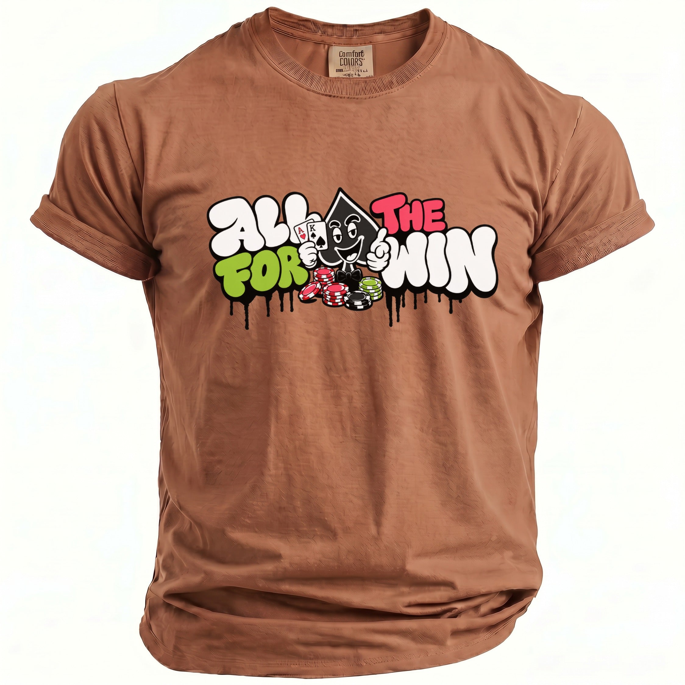 Brown t-shirt with "All For The Win" text and a cartoon spade holding cards.