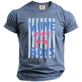 Slate blue t-shirt with "WINE not BOYS" text and clinking wine glasses graphic.