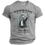 Skeleton in tuxedo on t-shirt with "Til Death Do Us Party" and "Mike's Bach Salem, MA October 2026".