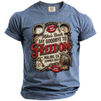 Blue t-shirt with graphic "Mike's Bach Say Goodbye To Freedom Malibu CA Summer 2026".
