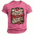 Pink t-shirt with graphic: Mike's Bach, Say Goodbye to Freedom, Malibu, CA Summer 2026