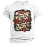 White t-shirt with "Mike's Bach Say Goodbye To Freedom Malibu, CA Summer 2026" graphic.
