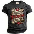 Dark gray t-shirt with "Mike's Bach Say Goodbye to Freedom Malibu, CA Summer 2026" graphic.