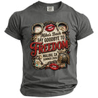 Gray t-shirt with "Mike's Bach Say Goodbye to Freedom Malibu, CA Summer 2026" graphic.