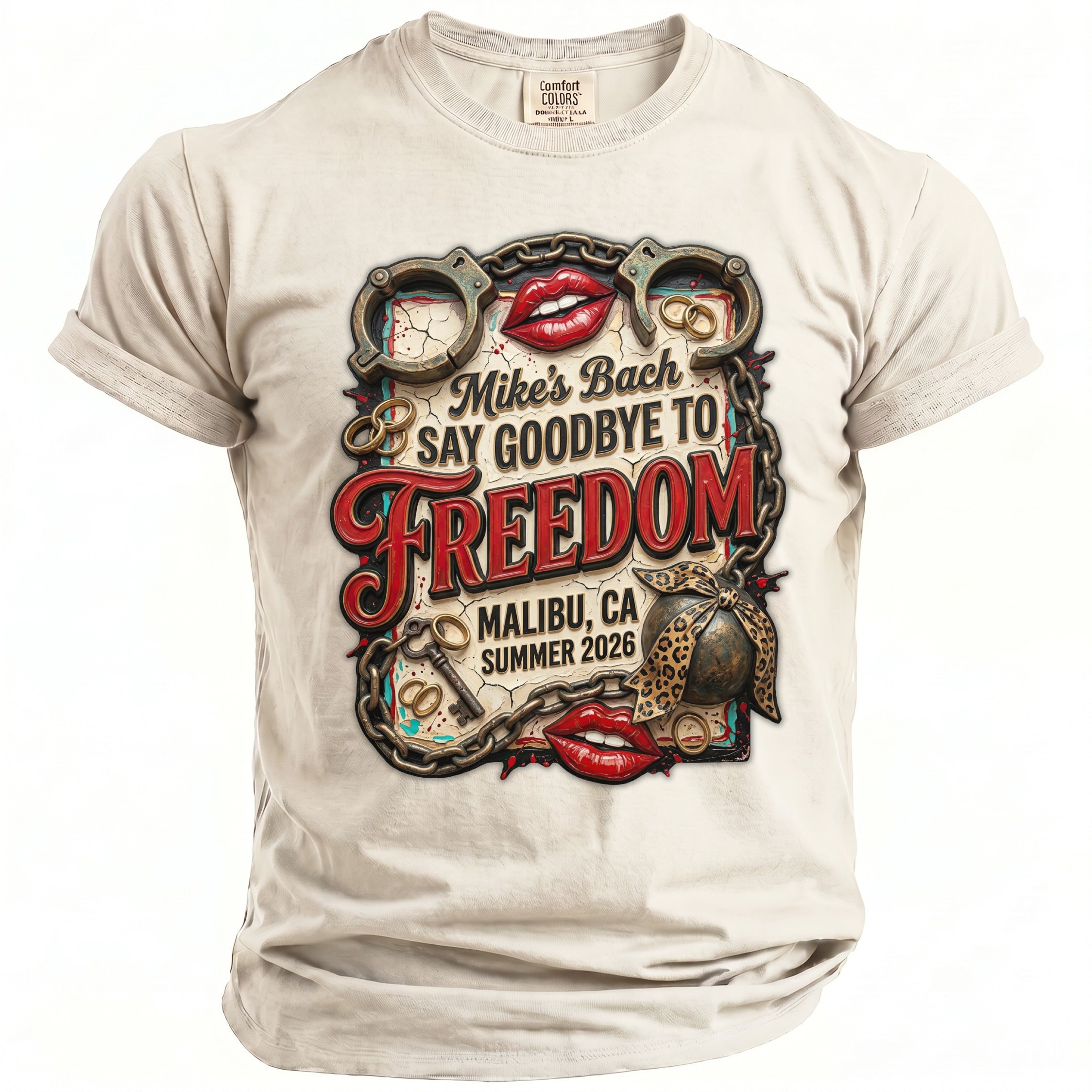 T-shirt with "Mike's Bach Say Goodbye to Freedom" design. Malibu, CA, Summer 2026.