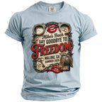 Light blue t-shirt with graphic reading "Mike's Bach Say Goodbye To Freedom Malibu, CA Summer 2026".