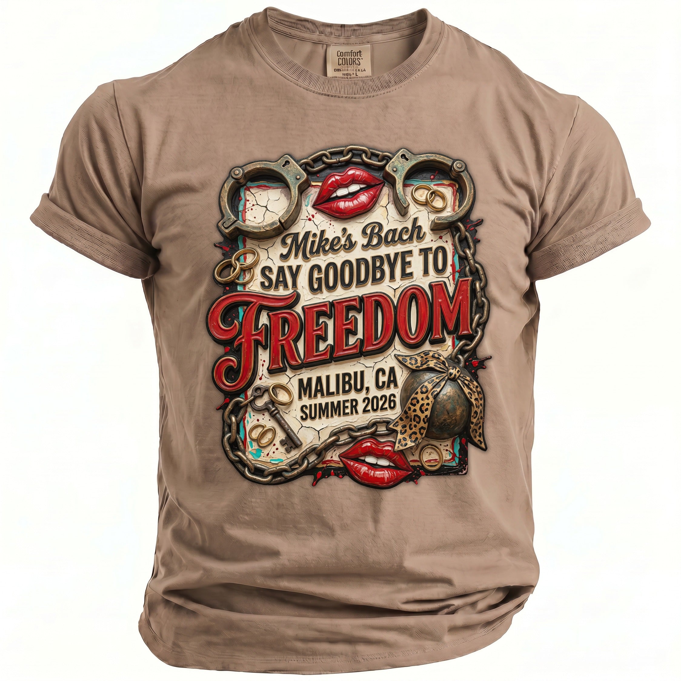 T-shirt with "Mike's Bach Say Goodbye To Freedom Malibu, CA Summer 2026" graphic.