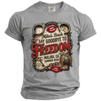 Grey t-shirt with the text "Mike's Bach Say Goodbye to Freedom Malibu, CA Summer 2026".