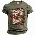 Olive t-shirt with "Mike's Bach Say Goodbye to Freedom Malibu, CA Summer 2026" graphic.