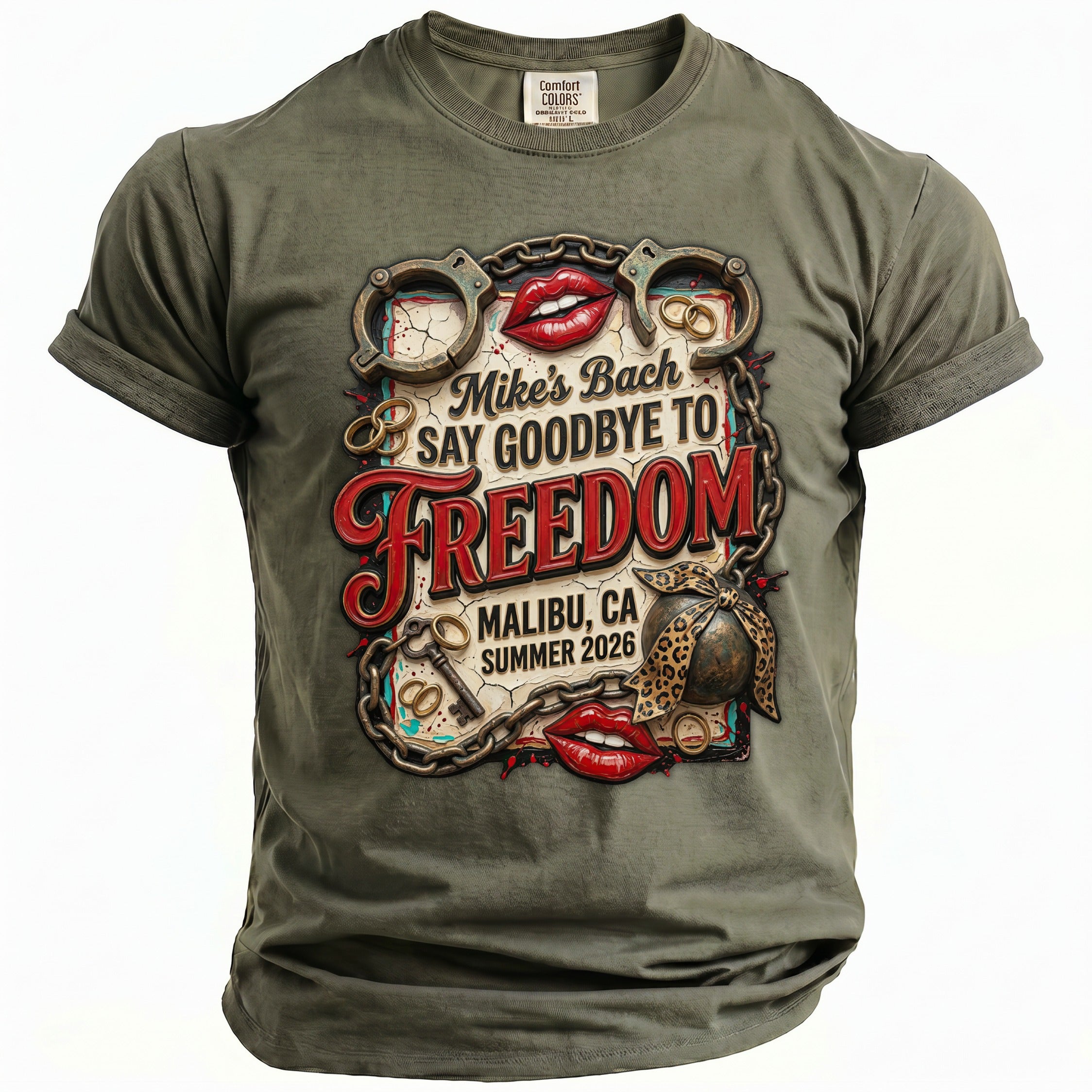 Olive t-shirt with "Mike's Bach Say Goodbye to Freedom Malibu, CA Summer 2026" graphic.