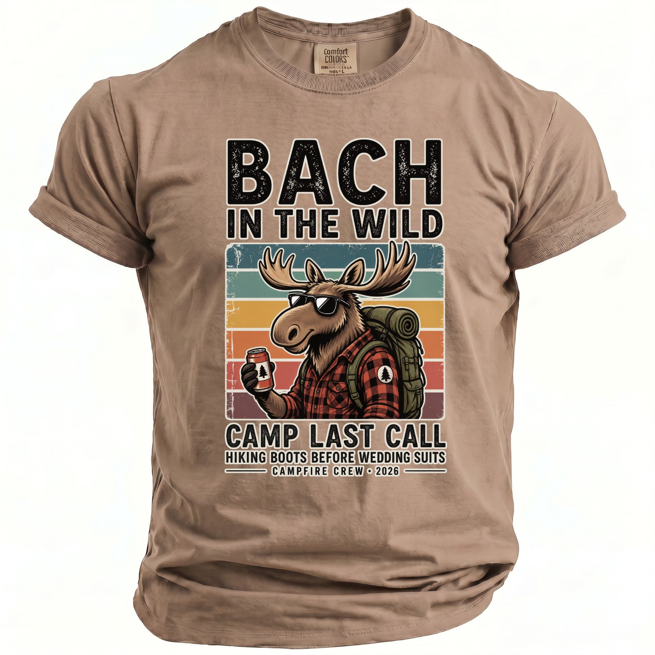 T-shirt with "Bach in the Wild" and moose graphic holding a drink.
