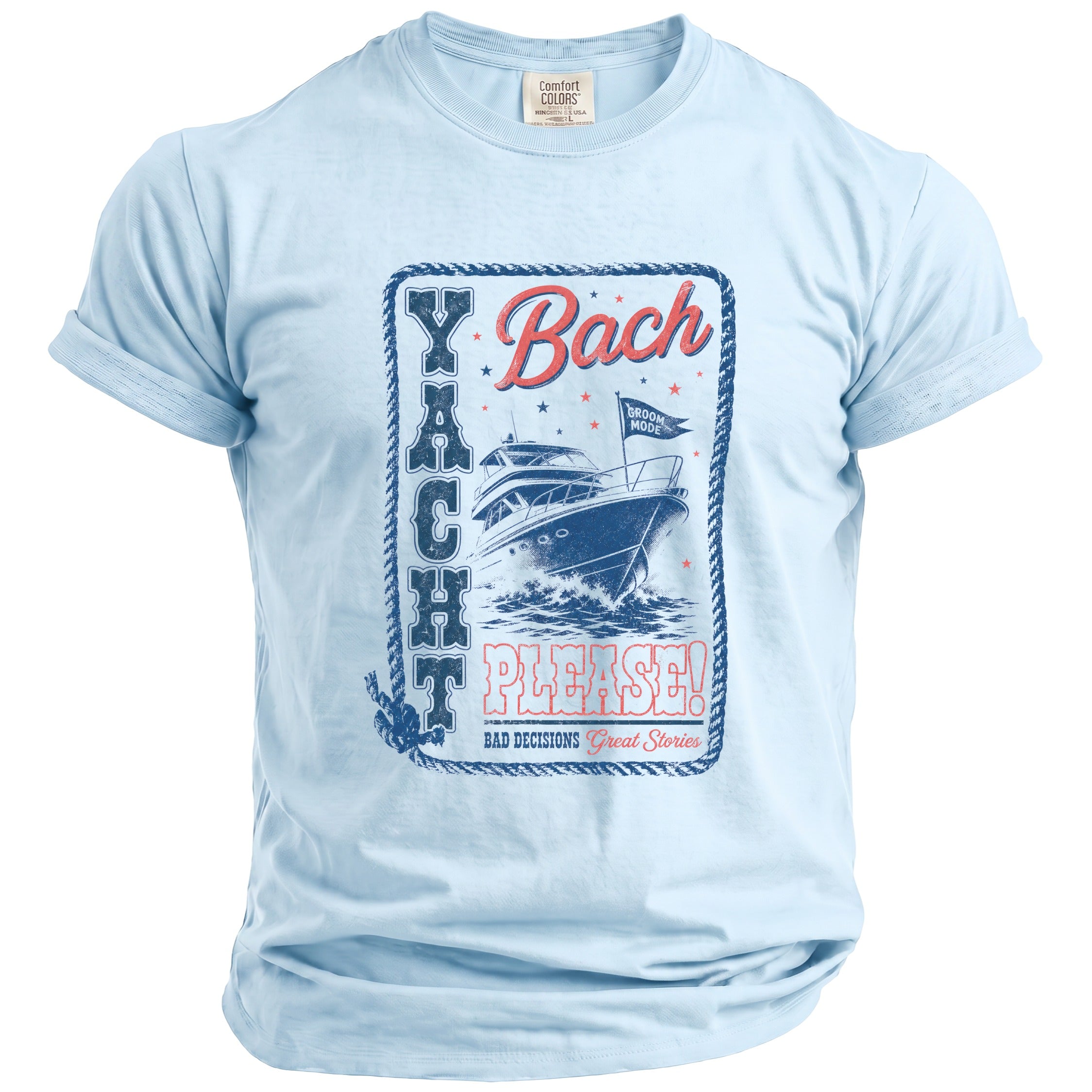 Light blue t-shirt with "Yacht Bach Please!" text and a boat graphic.