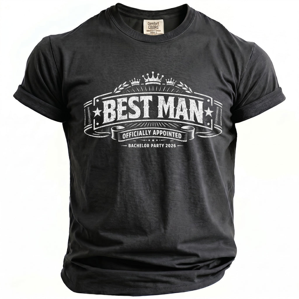 Black t-shirt with "BEST MAN" and "BACHELOR PARTY 2026" text.