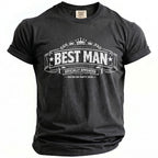 Black t-shirt with "BEST MAN" and "BACHELOR PARTY 2026" text.