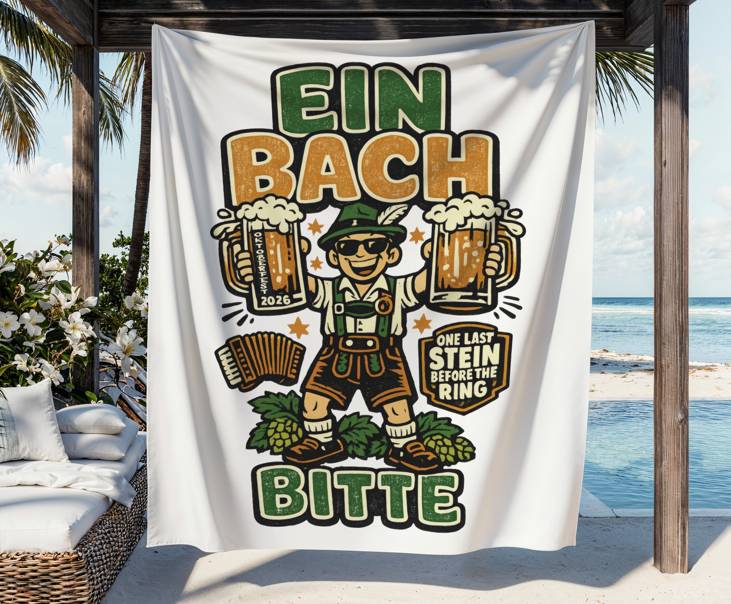 Ein Bach Bitte Oktoberfest design with man holding beer steins and accordion.