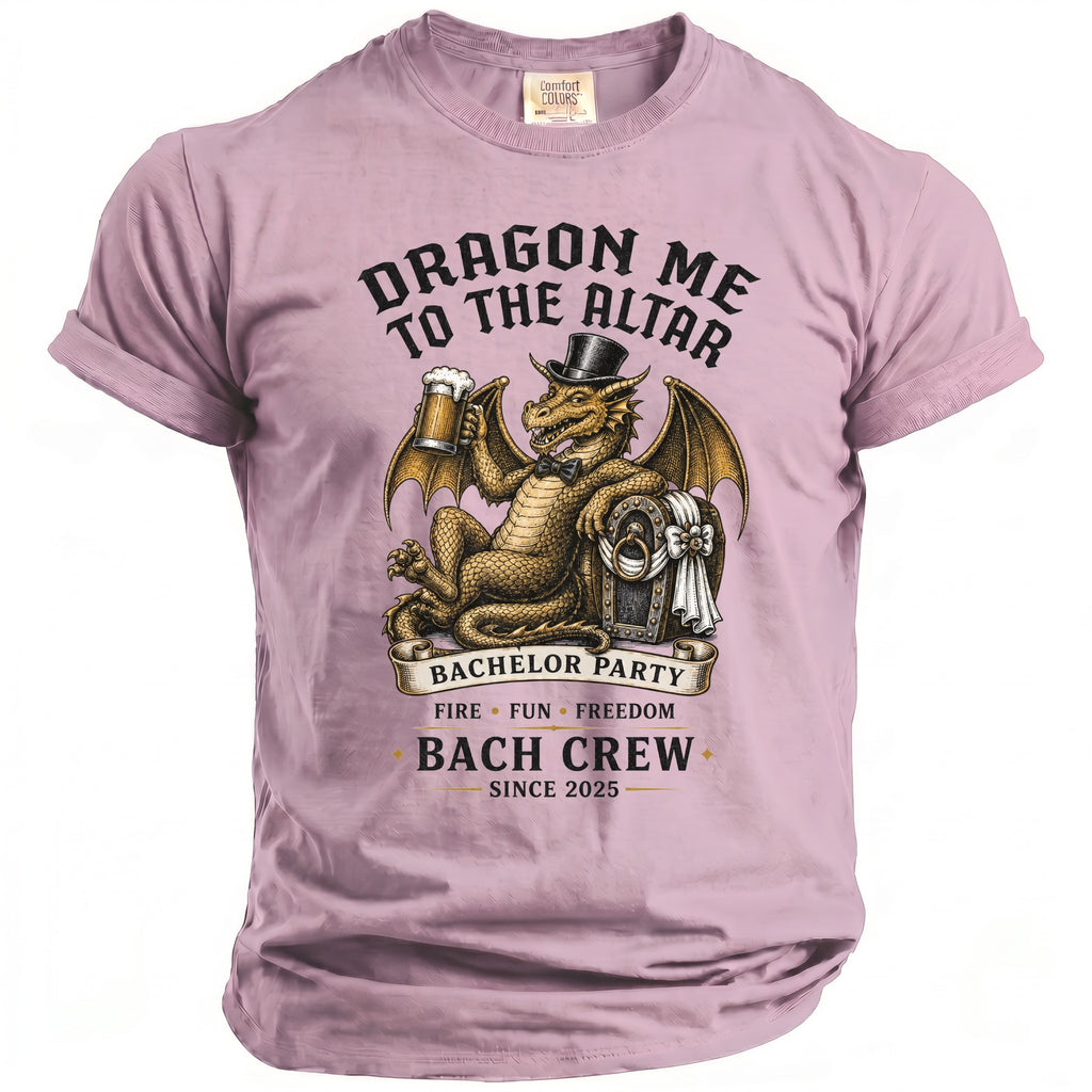 Lavender t-shirt with a dragon holding a beer, text "Dragon Me to the Altar," "Bachelor Party," "Bach Crew 2025."