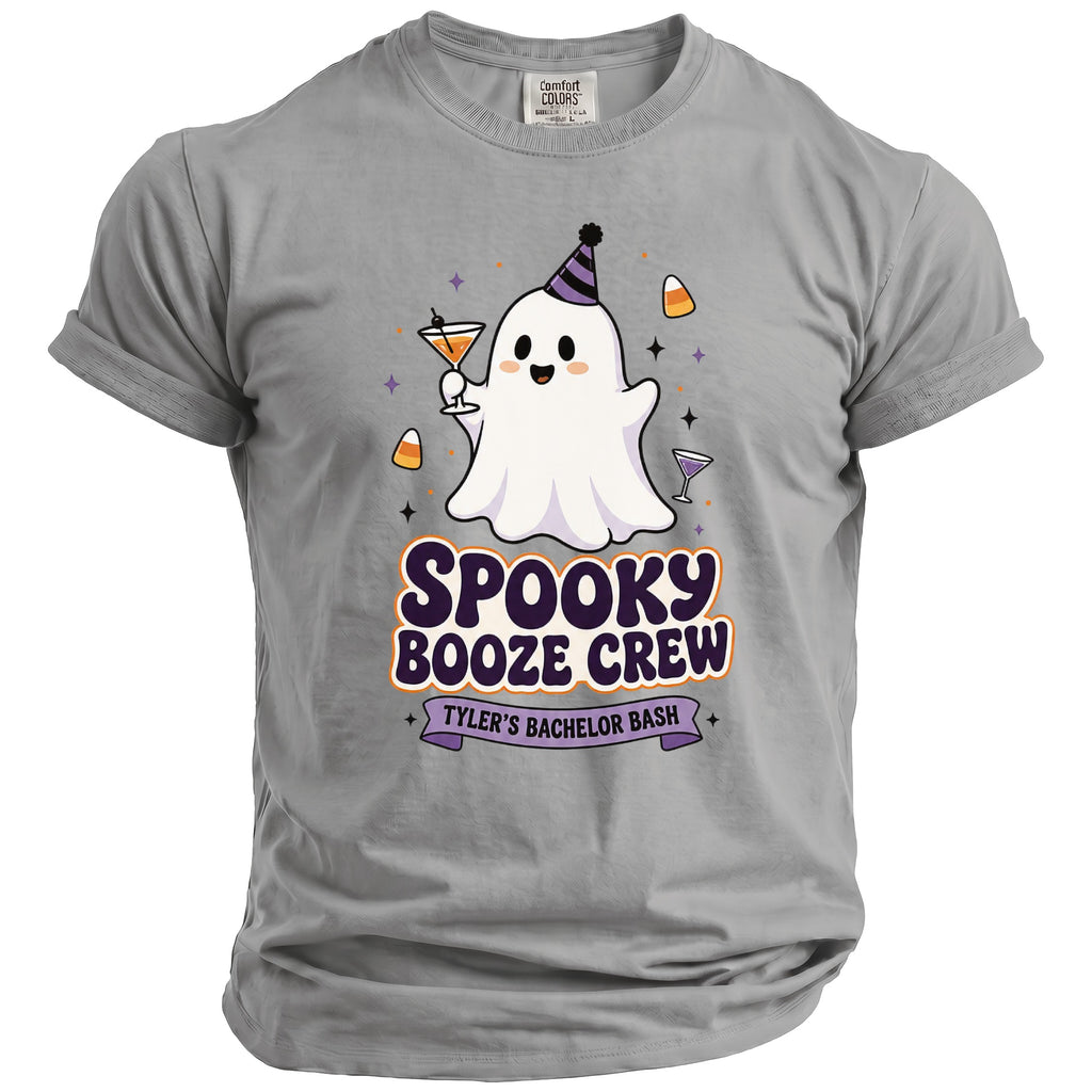 Gray t-shirt with ghost graphic saying "Spooky Booze Crew Tyler's Bachelor Bash".