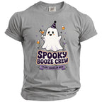 Gray t-shirt with ghost graphic saying "Spooky Booze Crew Tyler's Bachelor Bash".