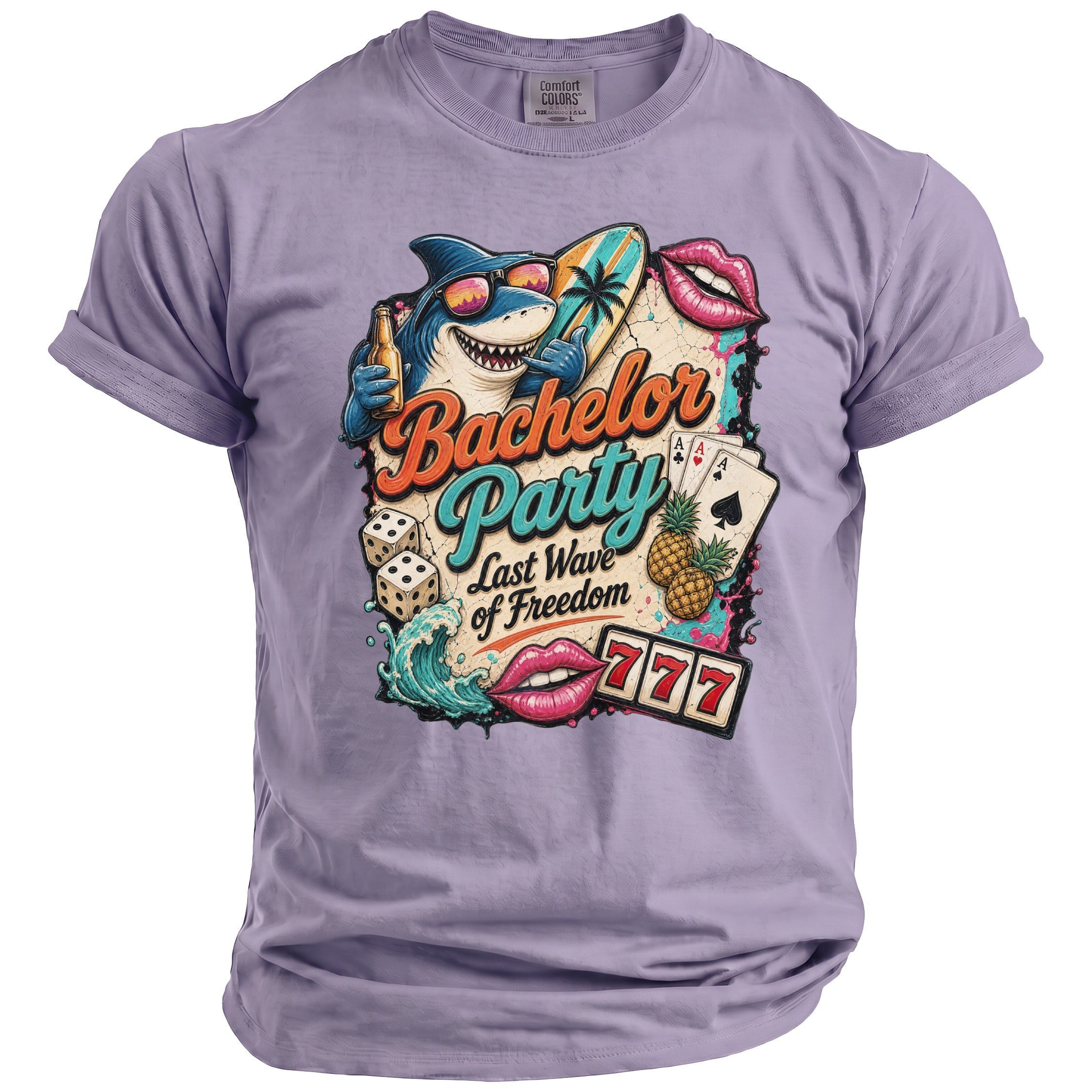 T-shirt with "Bachelor Party Last Wave of Freedom" graphic featuring a shark, dice, cards, and lips.