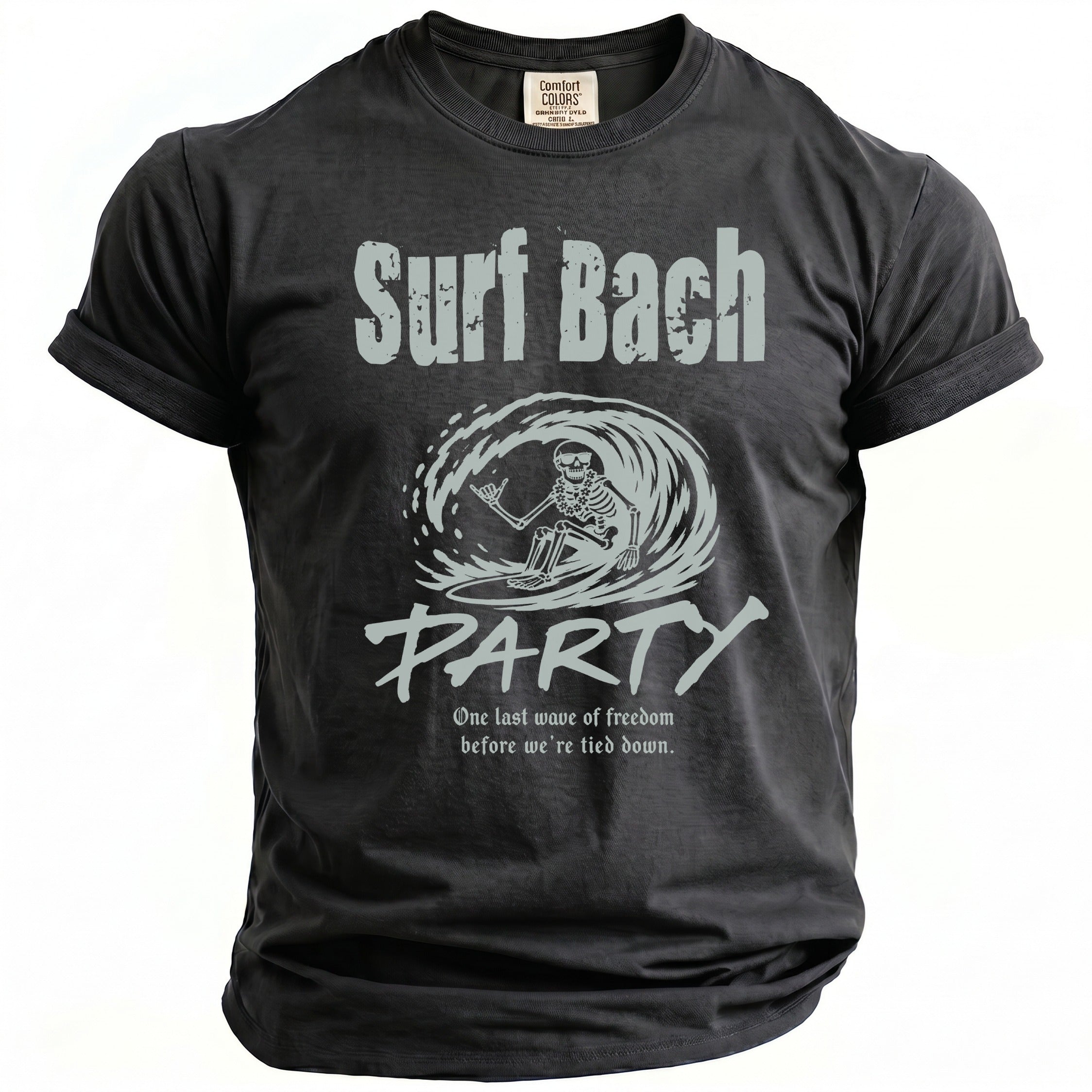 Dark t-shirt with "Surf Bach PARTY" and skeleton surfer graphic.