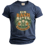 Navy t-shirt with German text "EIN BACH BITTE" and "ONE LAST STEIN BEFORE THE RING" graphic.