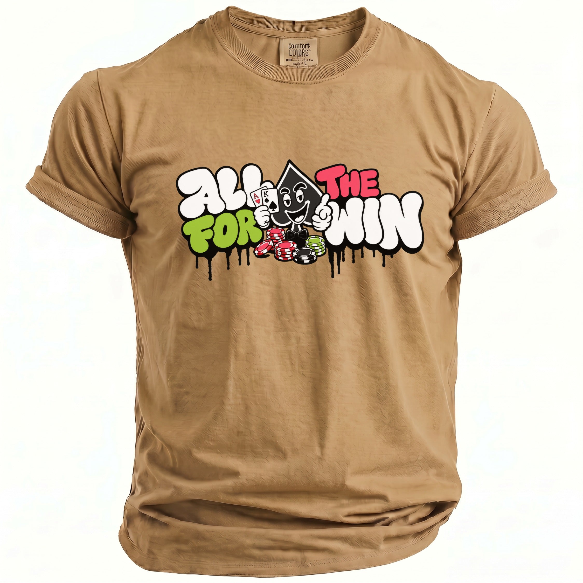Tan t-shirt with graphic text "ALL FOR THE WIN" and cartoon spade character.