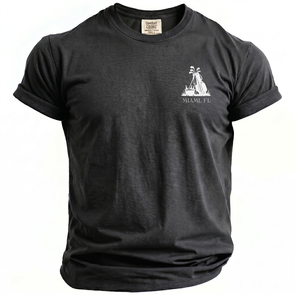 Dark gray t-shirt with golf bag graphic and "Miami, FL" text.