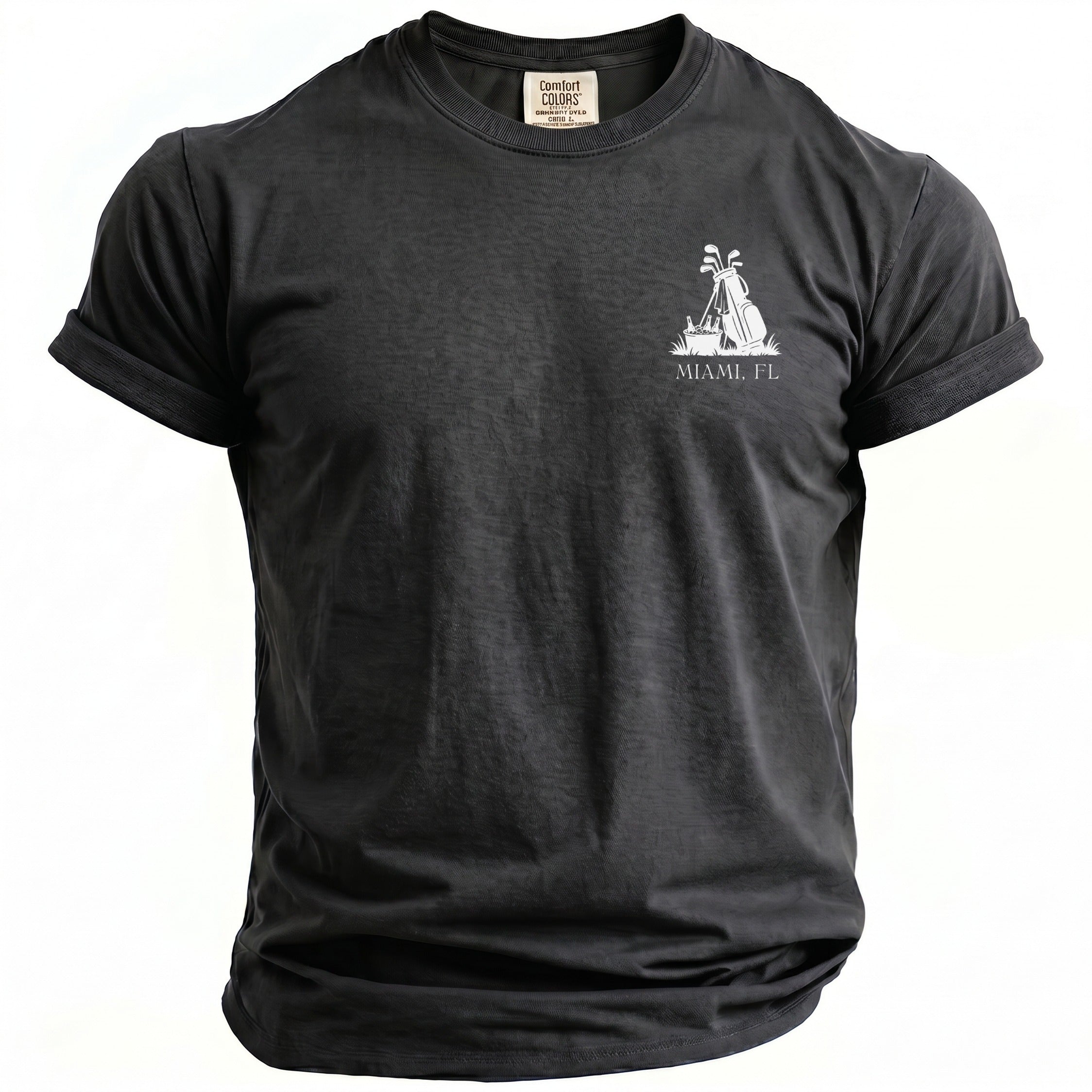 Dark gray t-shirt with golf bag graphic and "Miami, FL" text.
