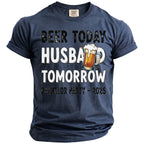 Navy t-shirt with "Beer Today Husband Tomorrow" and "Bachelor Party - 2026" text.