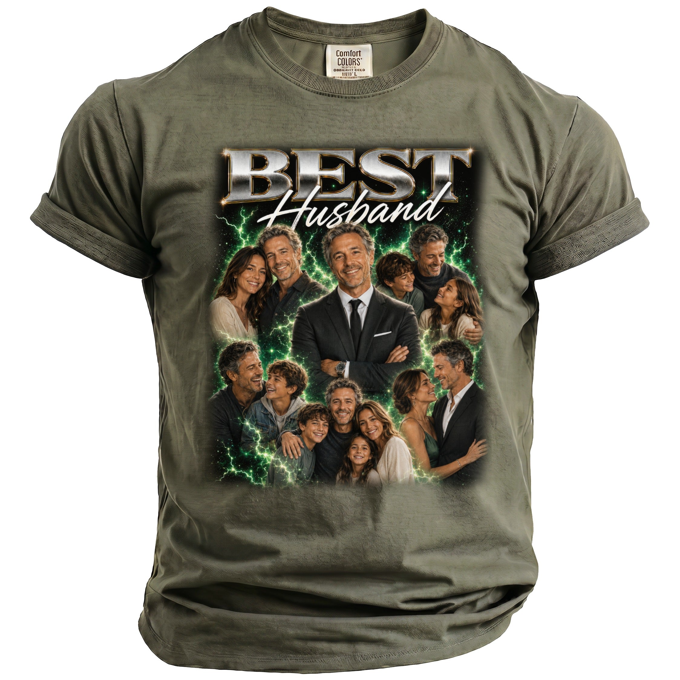 Green t-shirt with "BEST Husband" text and a collage of family photos.