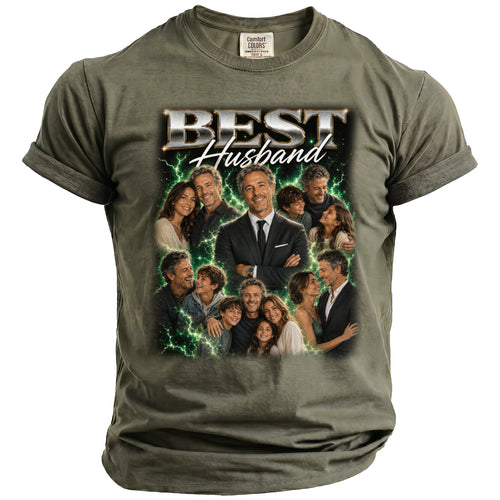 Green t-shirt with "BEST Husband" text and a collage of family photos.