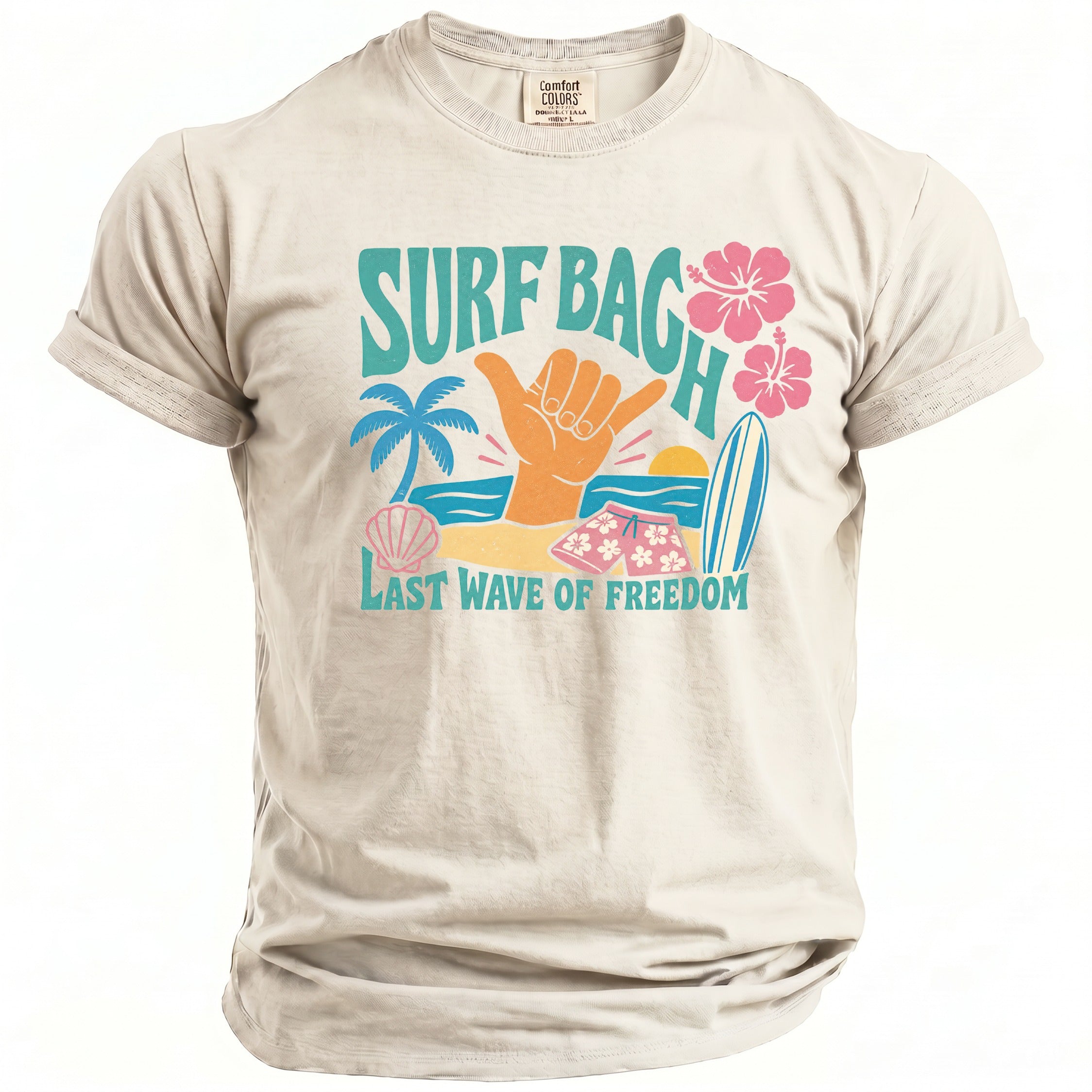 T-shirt with "SURF BAG H" and beach graphic, including text "LAST WAVE OF FREEDOM".