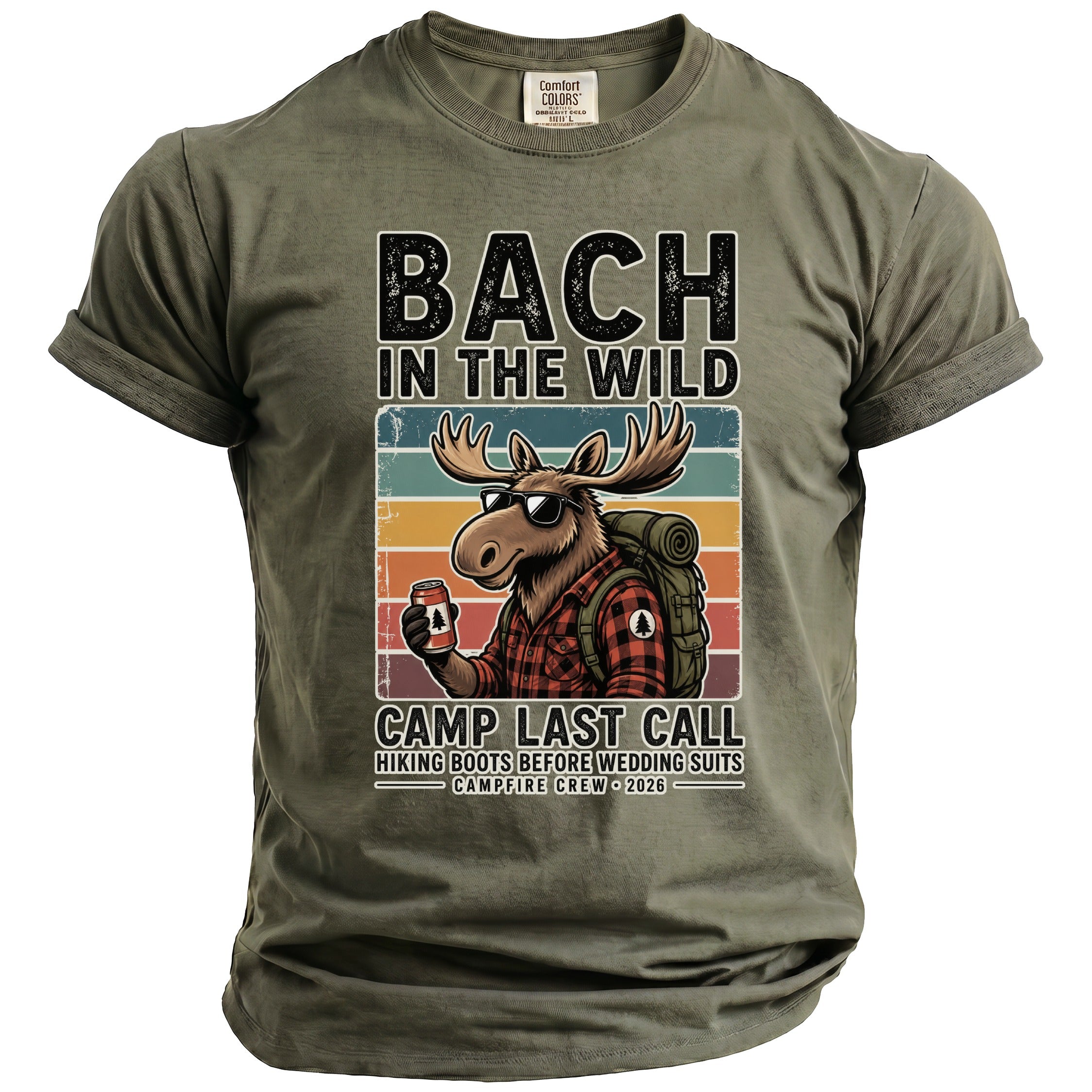 T-shirt with "Bach In The Wild Camp Last Call" text and moose graphic.