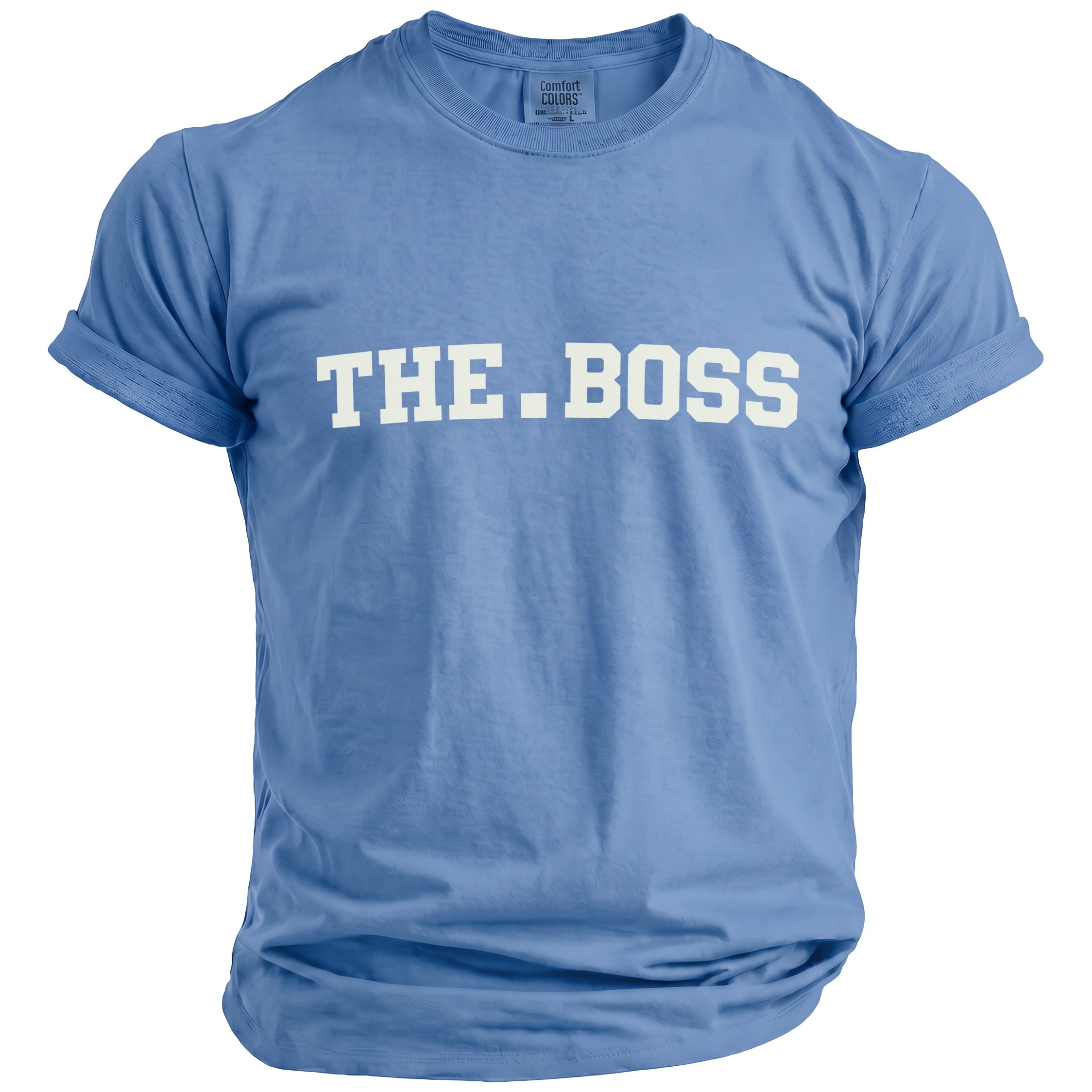 Light blue t-shirt with "THE.BOSS" printed in white on the chest.