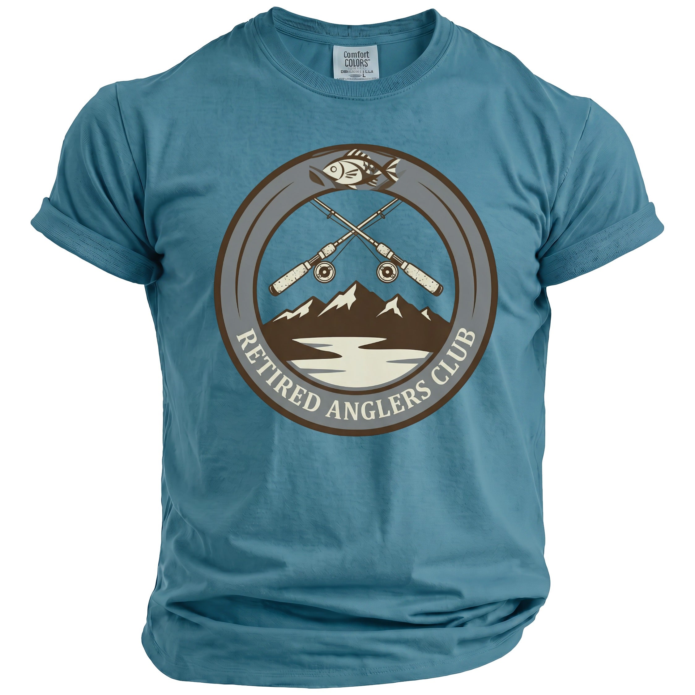 Blue t-shirt with circular fishing graphic and text "Retired Anglers Club".