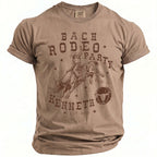 T-shirt with faded brown print: "Bach Rodeo Party" and cowboy on bull.