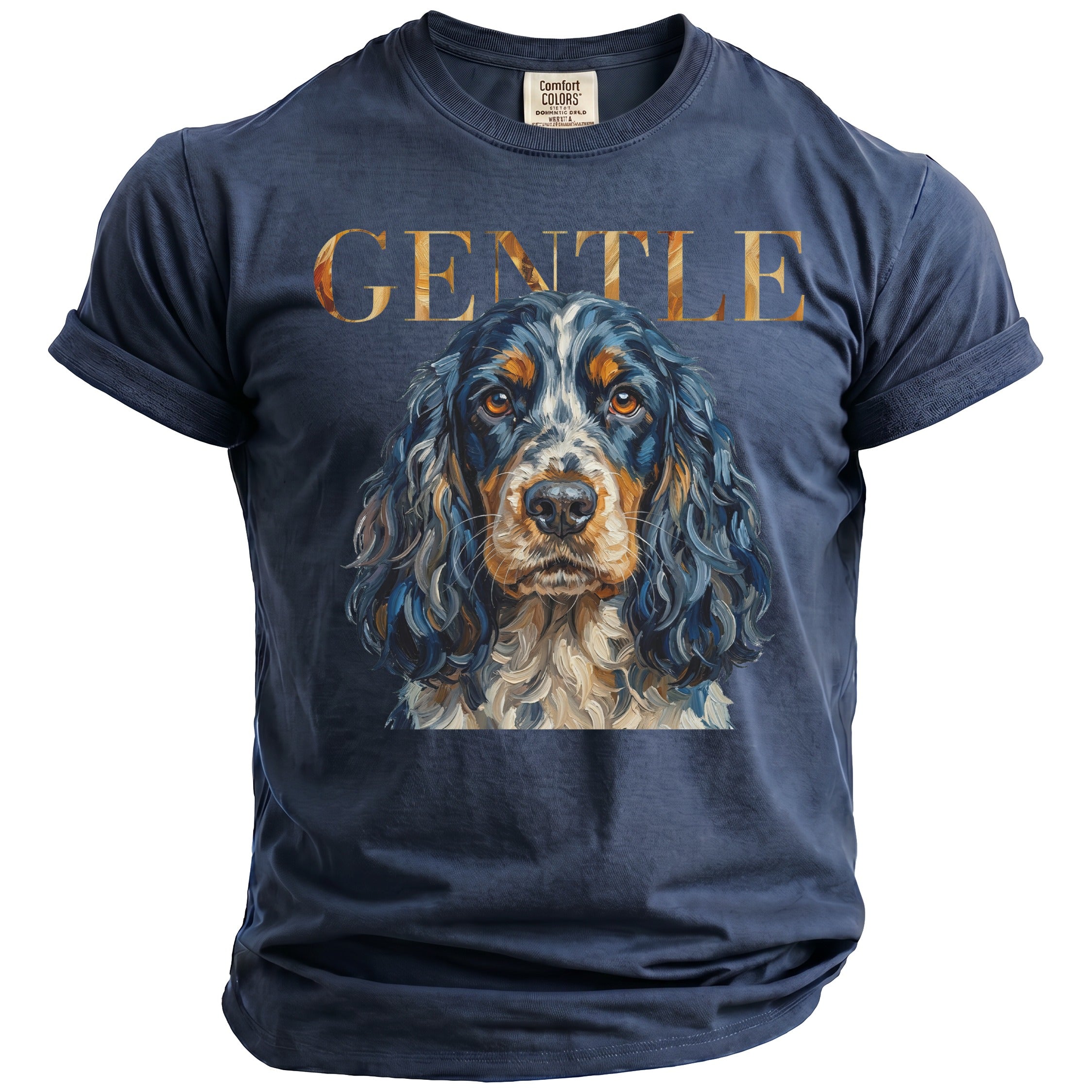 Dark blue t-shirt with a painted English Springer Spaniel and the word GENTLE.