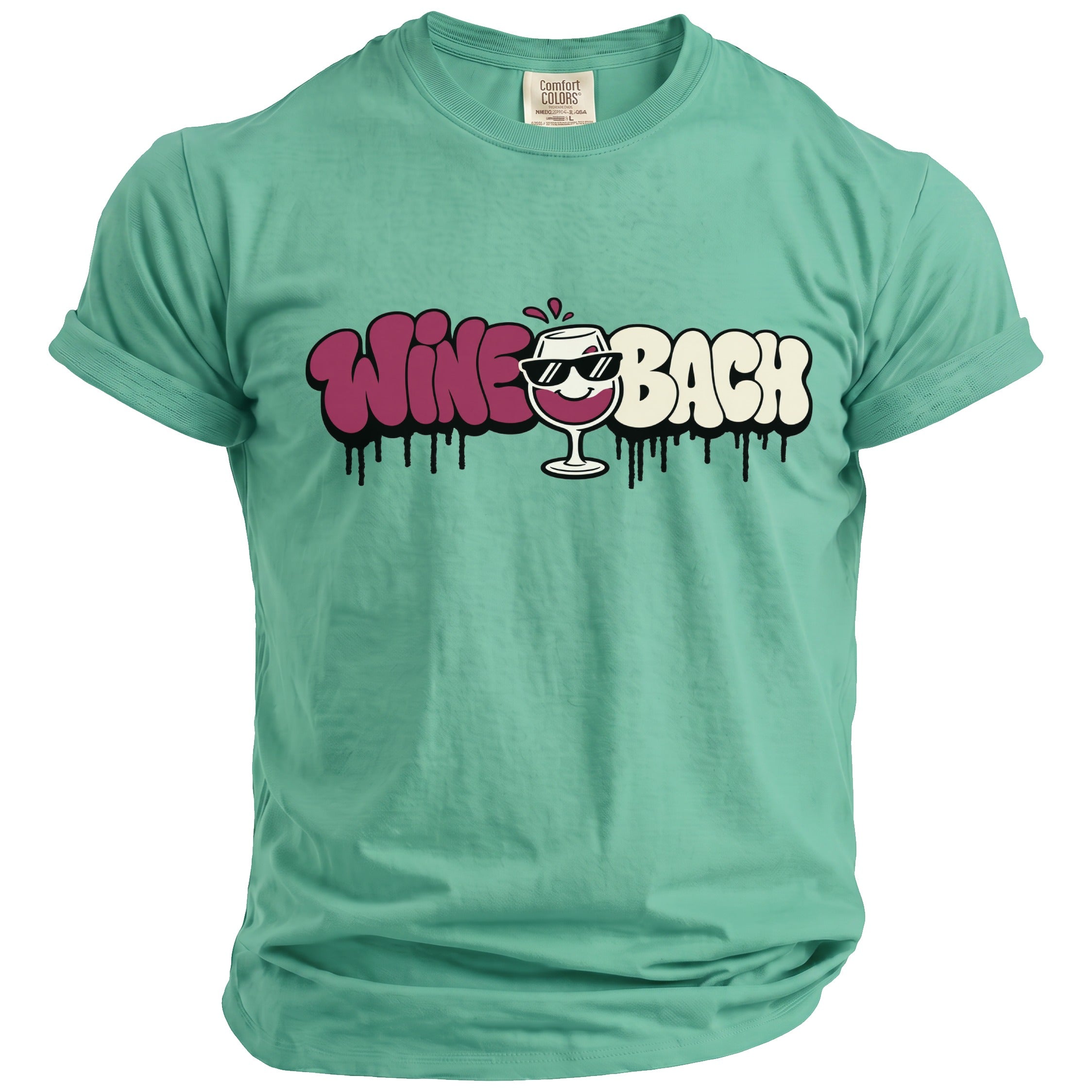 Teal t-shirt with "Wine Bach" text and a wine glass graphic.