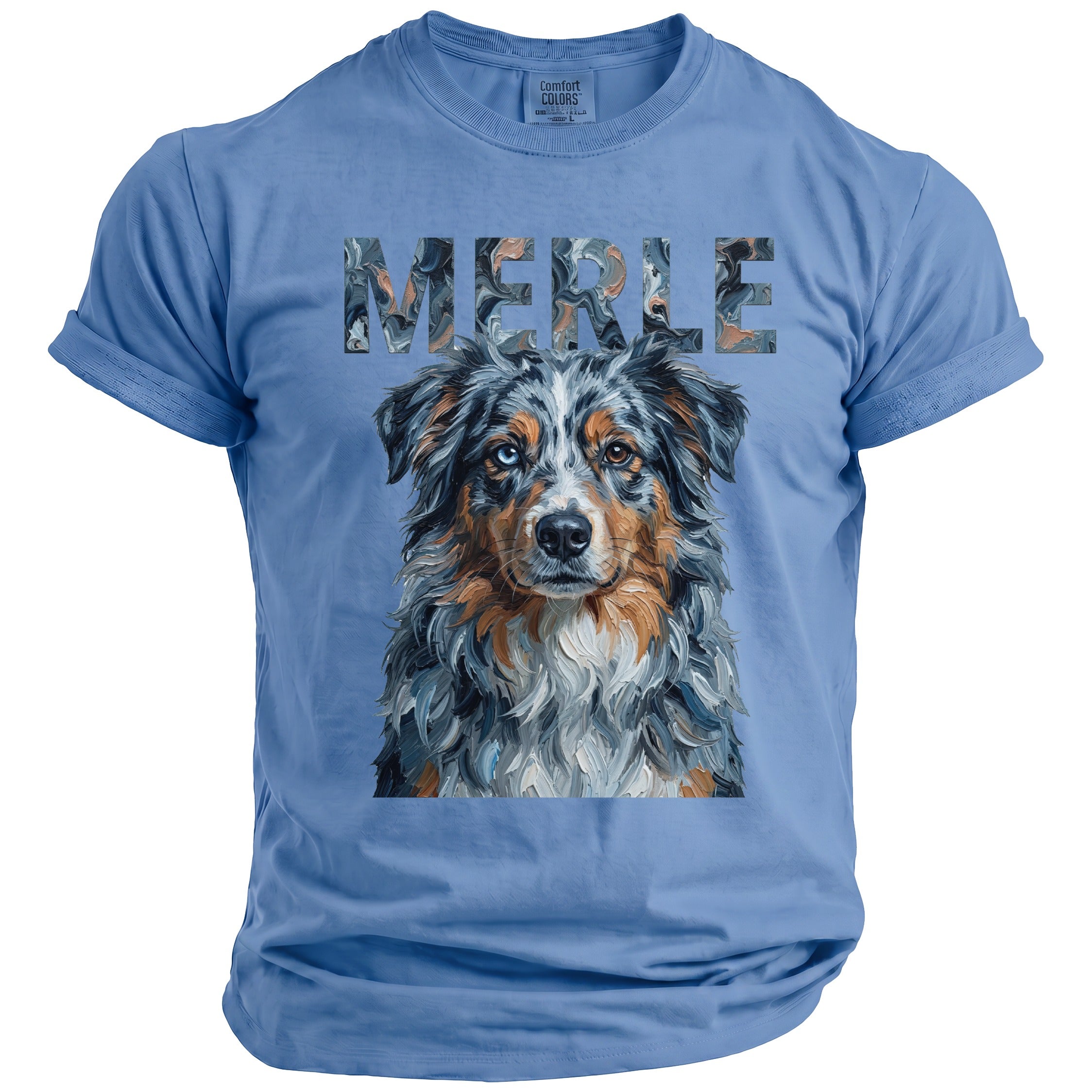 Blue t-shirt with "MERLE" and a painted Australian Shepherd dog portrait.