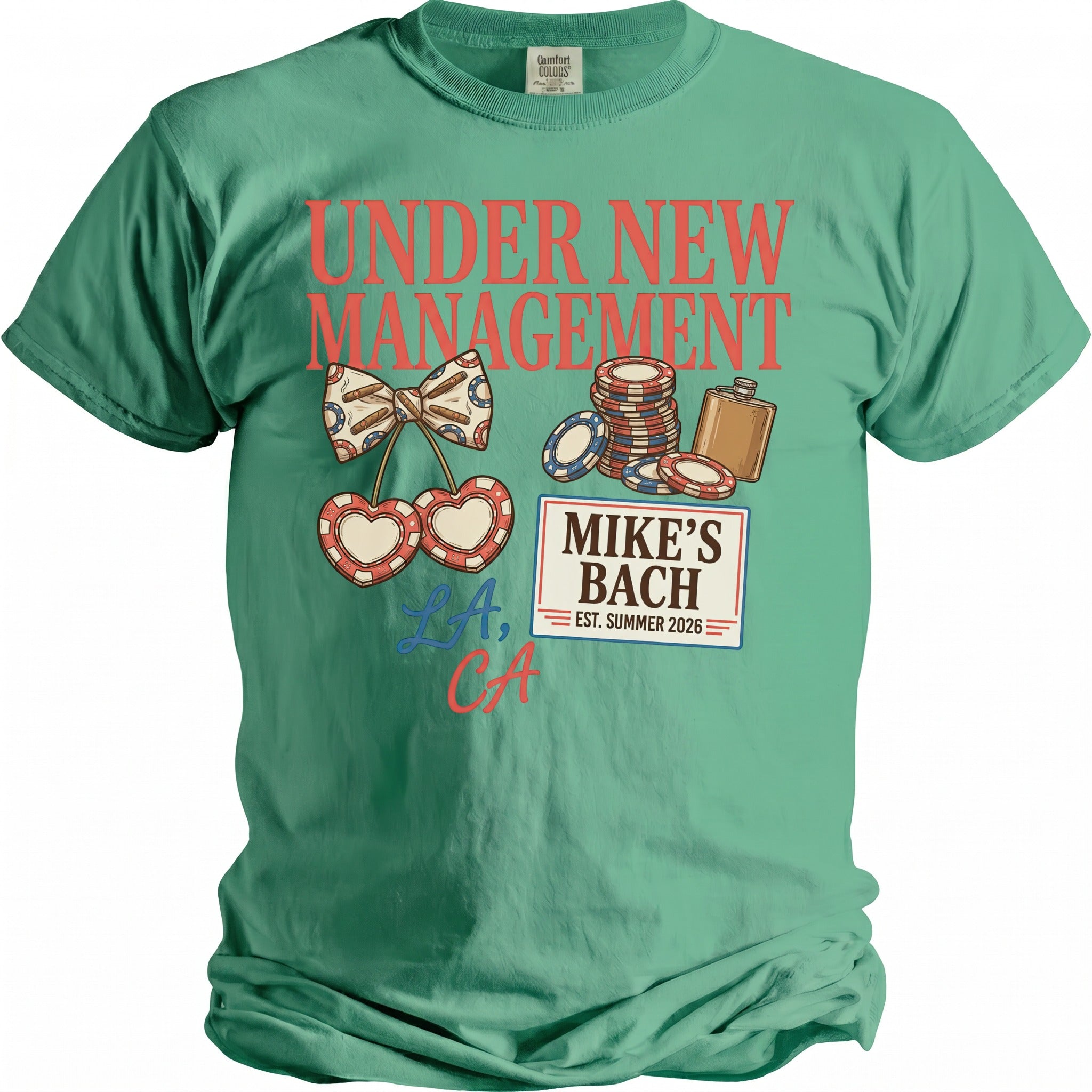 Green t-shirt with "Under New Management" and casino-themed graphics.